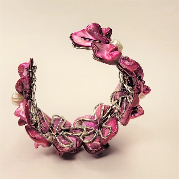 Purple Adjustable Cuff Bracelet with Pearl and Mother Of Pearl Shell Bangle -NEW - Picture 5 of 11